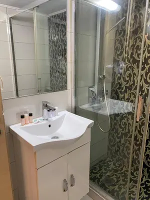 a bathroom with a sink and a shower at Athens central apartment in Athens