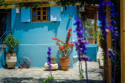a blue building with potted plants in front of it at Marianna Cottage in Palaiá Fókaia