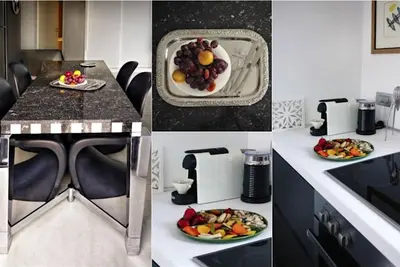 a collage of pictures of a kitchen with a plate of fruit at Stylish penthouse with Acropolis and 360 view in Athens