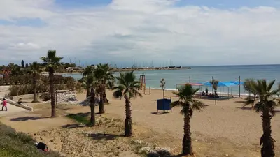 a beach with palm trees and a playground at Apartment near sea Elpida's Edem in Athens