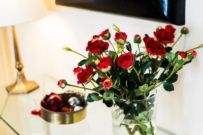 a vase filled with red roses on a table at Flisvos Seafront-Marina apartment in Athens