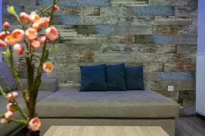 a couch in a living room with a wooden wall at Real Central New Flat - 1' to Metro - Direct Acropolis,Pireus - Best heating and cooling system in Athens