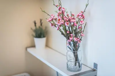 a vase of pink flowers sitting on a shelf at Heart of the City in Athens