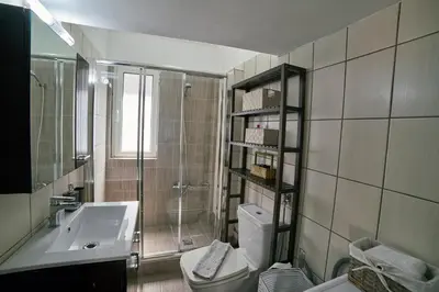 a bathroom with a shower and a sink and a toilet at V&V Central & Elegant Apartment in Athens