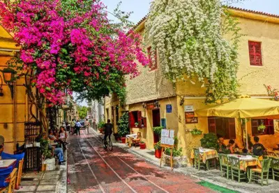 a person riding a bike down a street with pink flowers at Luxury Veni Acropolis View Apartment in Athens