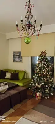 a living room with a christmas tree and a chandelier at Annadel Flat in Athens