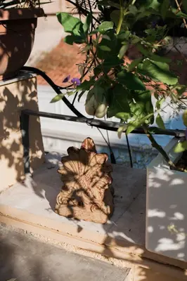 a rock sitting on a table next to a plant at Stylish, Basement Studio with Roof Garden Access - EP9B in Athens