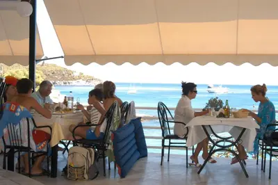 a group of people sitting at tables on the beach at Panorama Hotel in Agia Marina Aegina