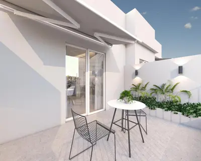 a rendering of a balcony with a table and chairs at Great Living Koukaki in Athens