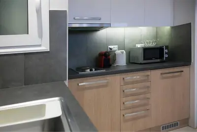 a kitchen with a sink and a microwave at TONI'S Comfy home near Acropolis with Small Garden in Athens