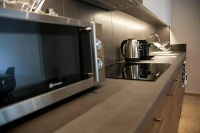 a kitchen with a sink and a microwave at TONI'S Grande Home next to A.Museum in Athens