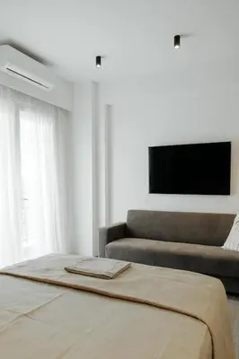 a bedroom with a bed and a couch and a flat screen tv at Nest Apartment in Athens