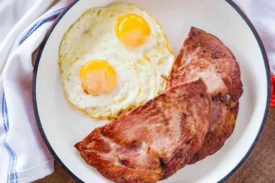a plate of breakfast food with eggs and meat at Near Acropolis brand new 1 min from metro in Athens