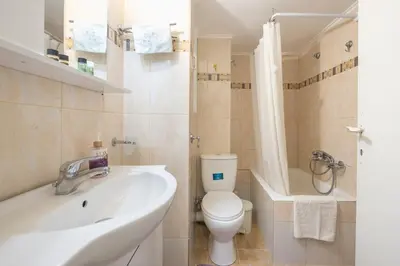 a bathroom with a sink and a toilet and a tub at The Athenian Apartment in Athens