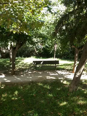 a park bench sitting in the shade of trees at Αnna's Home!!!Holidays in beautiful Athens in Athens