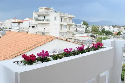 a white fence with flowers on top of a building at Luxury Apt Near The Airport in Spáta