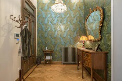 a hallway with a dressing room with a mirror and a desk at The Rare Luxury Gem in Kolonaki Sq - near Syntagma in Athens