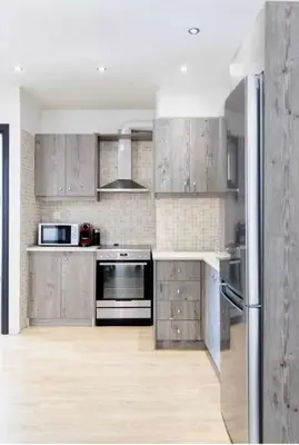 a kitchen with stainless steel appliances and wooden cabinets at Glyfada Panoramic Seaview Penthouse in Athens