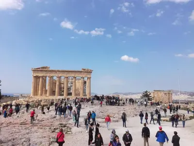 a group of people standing in front of a building at Comfortable & Convenient Living in Athens in Athens