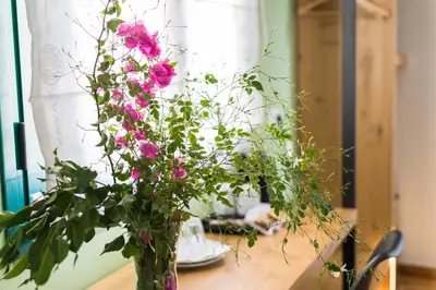 a vase filled with pink flowers on a table at Neratzia Rooms in Athens