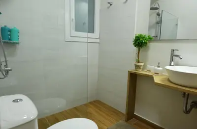a bathroom with a sink and a toilet and a shower at Studio Posh with garden in Kolonaki in Athens