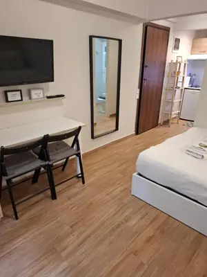 a bedroom with a bed and a desk and a television at Studio Posh with garden in Kolonaki in Athens