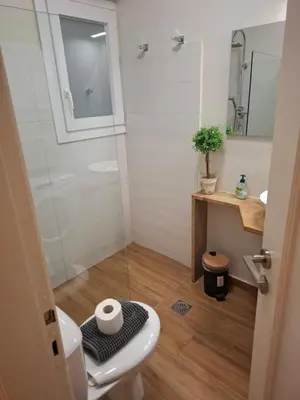 a bathroom with a toilet and a shower and a sink at Studio Posh with garden in Kolonaki in Athens