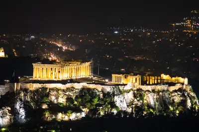a view of the acropolis at night at Acropolis area 5 minutes to the Museum and metro in Athens