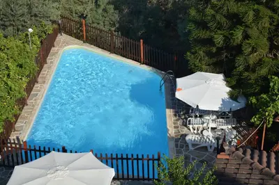 an overhead view of a swimming pool with umbrellas at Voula Apartments in Agia Marina Aegina
