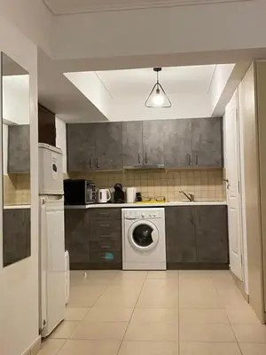a kitchen with a washing machine and a washer at Jacuzzi studio close to athens airport!! in Pallíni
