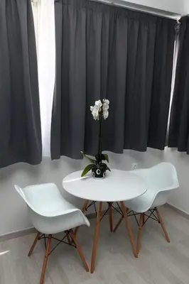 a table with two chairs and a vase with flowers on it at Old Town Hall Suites and Apartments in Athens