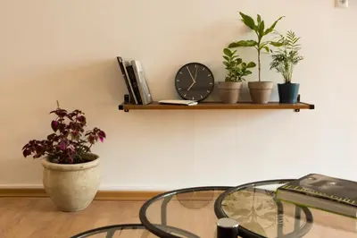 a table with a clock and potted plants on a wall at Mosaics aprtm in the historical center of Athens Ermou 18 in Athens