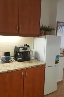 a kitchen with a white refrigerator and a microwave at Boho House with Acropolis View! in Athens