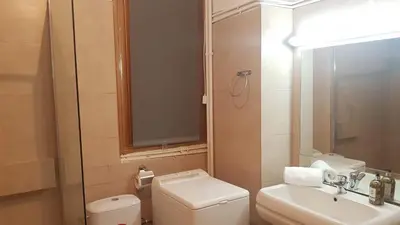 a small bathroom with a toilet and a sink at Violet Errathens Apartment - Athens Center, 7 BD, 3 BATH in Athens