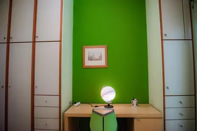 a green room with a desk and a green wall at Sophie's Penthouse in Athens in Athens