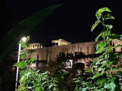 a view of a castle at night at Parthenon View Apt in Athens