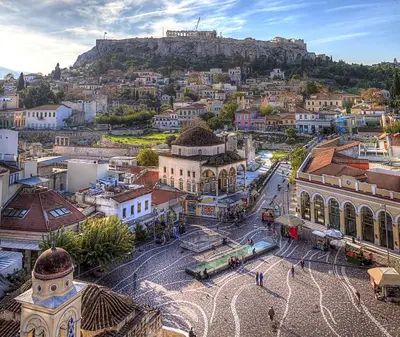 an aerial view of a city with a mountain at Môss Suite - Monastiraki Square View in Athens