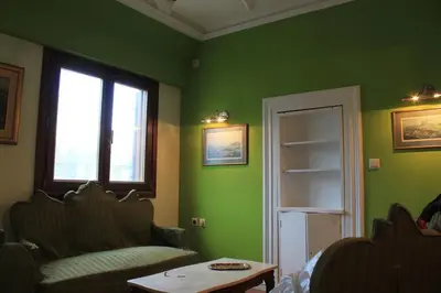a living room with green walls and a couch and a table at Acropolis Apartment in Athens