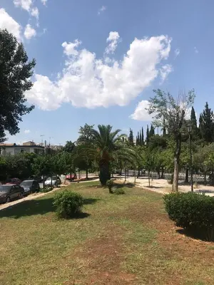 a park with palm trees and cars on a street at Mets Area, Hip, Tasteful & Ultra Convenient Studio for 2 in Athens