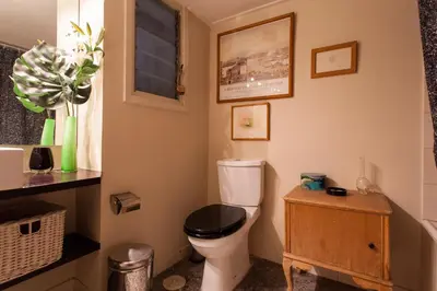 a bathroom with a toilet with a black seat at 2 Bedroom Artist's Apartment - So Athens in Athens