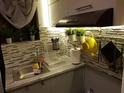 a kitchen counter with a sink and potted plants at Golden Aurora - Modern Apartment in Egaleo-Athens in Athens