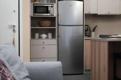 a stainless steel refrigerator in a kitchen with a microwave at Absolute Athens v in Athens