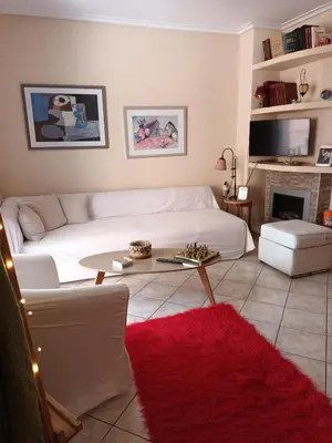 a living room with a white couch and a red rug at Lovely apartment near Akropolis and Plaka in Athens