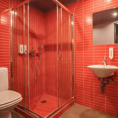 a red tiled bathroom with a shower and a sink at Boutique Apartment in Athens Center in Athens