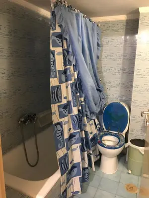 a bathroom with a blue toilet and a shower at Luxury apartment close to city center, university and children's hospital in Athens