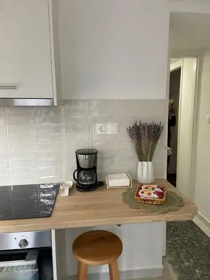 a kitchen with a counter with a blender and a cake at Nadia's apartment , Athens in Athens