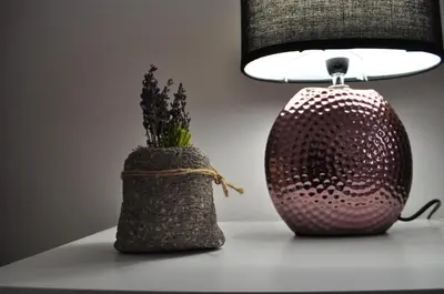 a table with a lamp and a vase with a plant at Nadia's apartment , Athens in Athens