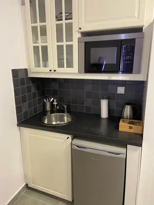 a kitchen with a sink and a microwave at Connect Suites in Athens