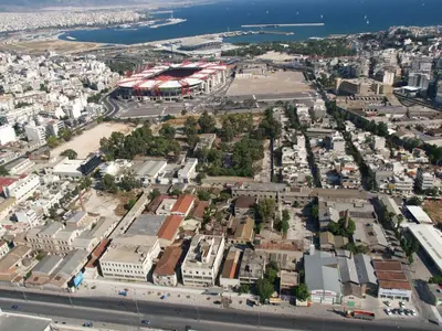 an aerial view of a city with a stadium at Georgina's cozy apartment -Metropolitan Hospital- in Piraeus