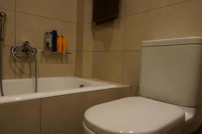 a bathroom with a white toilet and a bath tub at Georgina's cozy apartment -Metropolitan Hospital- in Piraeus